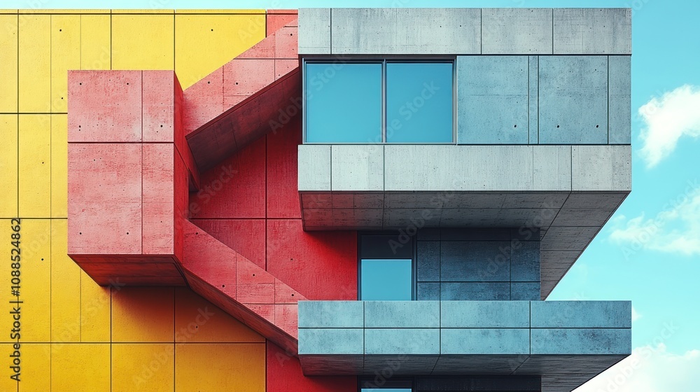 Poster abstract architectural structure with colorful geometric elements.
