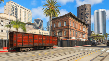 Obraz premium A red train car parked on train tracks in the city.