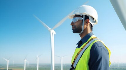 close up shot of South Asian male technician wearing hard hat and safety goggles, standing near wind turbines against clear blue sky, showcasing dedication and professionalism in renewable energy