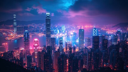 Fototapeta premium Dynamic cityscape at night with bright neon lights and futuristic buildings.