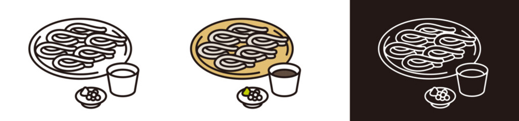 ざるそばのアイコンイラスト。伝統的な日本食。もりそば。