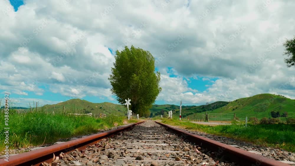 Poster a scenic view of a railway line stretching across the landscape, highlighting the tracks and surroun