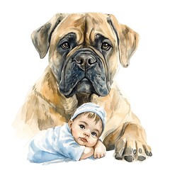 Obraz premium Watercolor Painting of a Boerboel Dog and Baby A heartwarming illustration of a loyal companion and an innocent child.