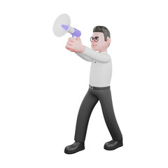 Fototapeta premium Movie Producer 3D Cartoon. A male producer walks sideways with both hands holding a loudspeaker . Filmmaker Illustration