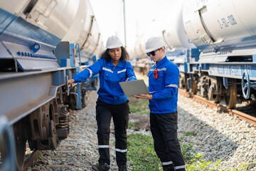 Engineer railway under checking construction process oil cargo train and checking railway work on...