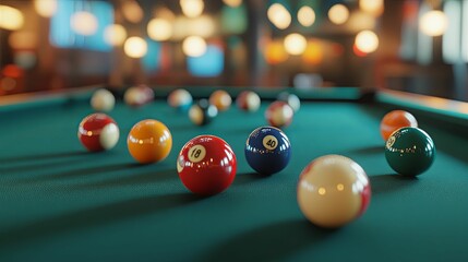 Billiard balls arranged on a pool table in a bar setting