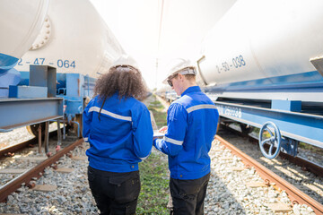 Engineer railway under checking construction process oil cargo train and checking railway work on railroad station with tablet .Engineer wearing safety uniform and safety helmet in work.