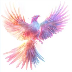 Magical creatures of a glowing pastel-colored phoenix in flight, radiating soft light, isolated on white.