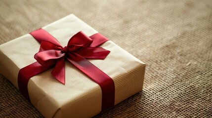 Close-up of a beautifully wrapped gift box with red ribbon on a plain background. Birthday, anniversary, special occasion,copy space,marketing,joy,  love, generosity,Christmas, Valentine’s Day