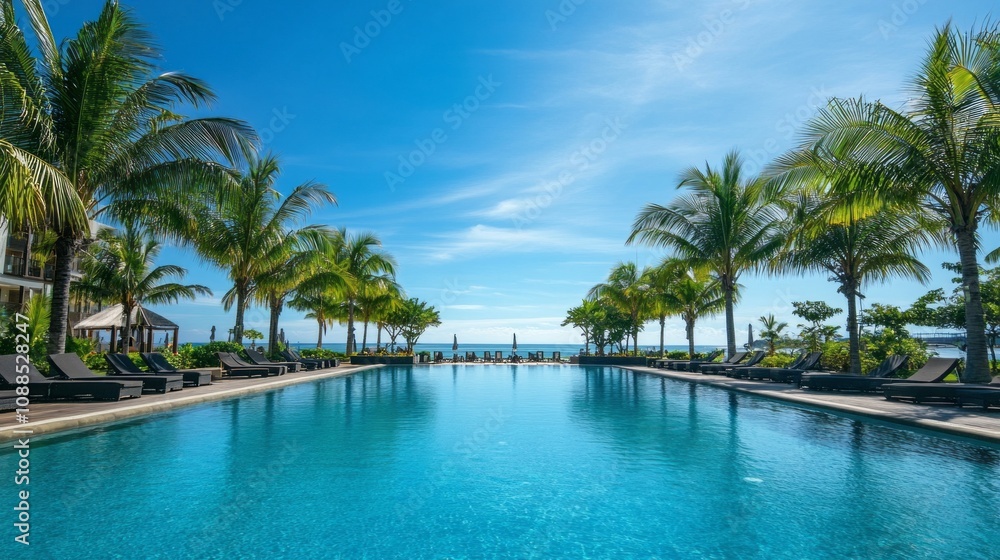 Poster A large pool with palm trees in the background