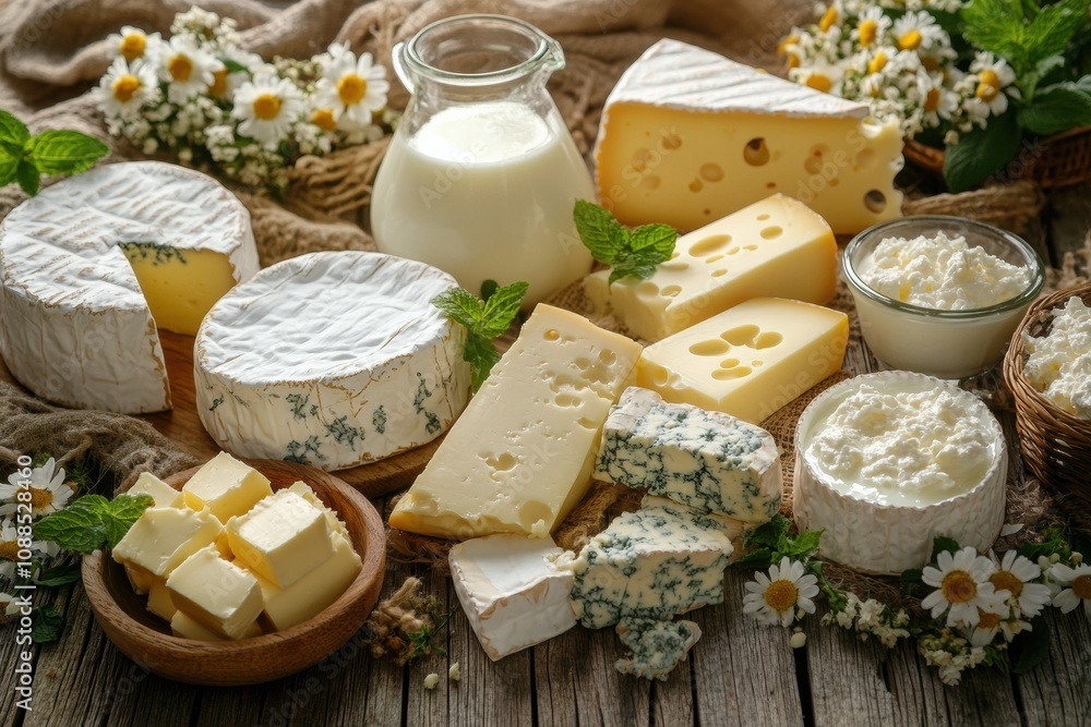 Poster a rustic wooden table showcases a lovely array of dairy products like milk, cheeses, and creamy butt