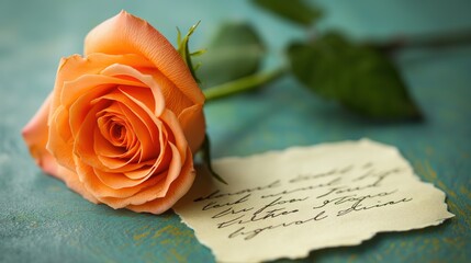 Romantic close-up of a handwritten love note next to a single rose. Love,affection, passion,vintage,Valentine's Day, anniversaries, weddings,creative designs,branding, advertising,greeting card design