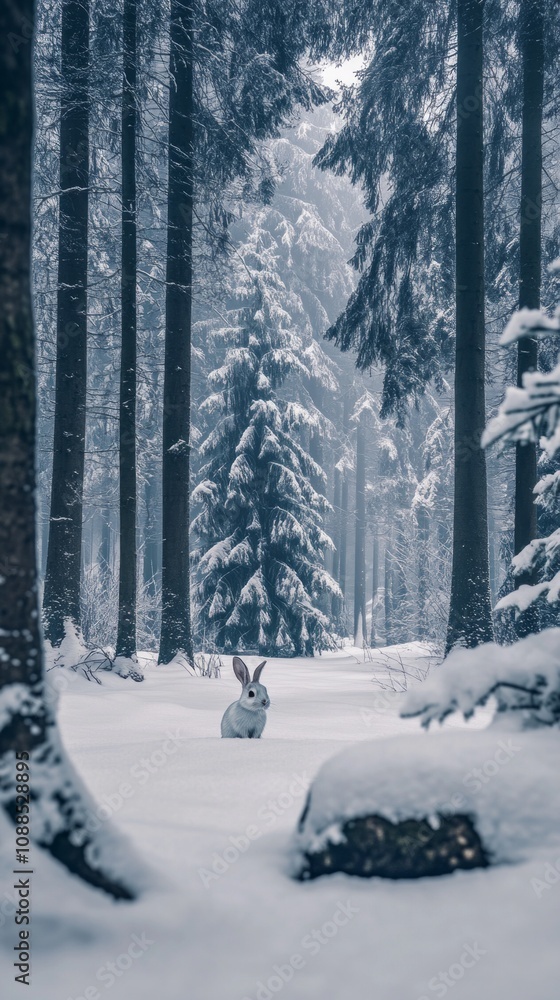 Poster a rabbit is walking through the snow in a forest