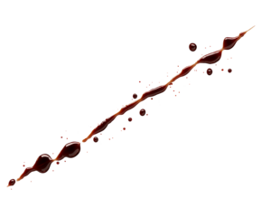 angled streak of dark red liquid with trailing droplets isolated background
