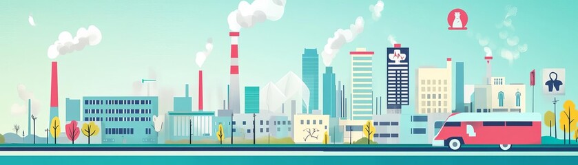 Fototapeta premium Infographic on pollution impact on respiratory diseases, clean lines, vibrant and informative