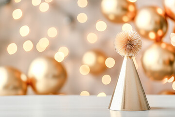 Golden party hat with glittery design and festive background featuring gold balloons and confetti for celebration themes.