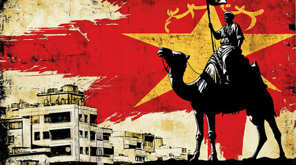 A silhouette of a man riding a camel in front of a red, yellow, and black flag with a star and arabic writing, with a cityscape in the background.