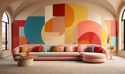 Pink Sectional Sofa in Modern Living Room with Geometric Wall Art