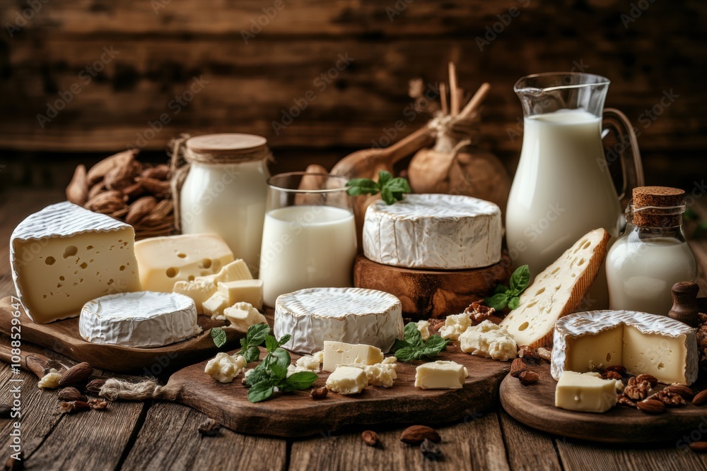 Poster various dairy products like milk, cheese, and butter are elegantly arranged on a rustic wooden table