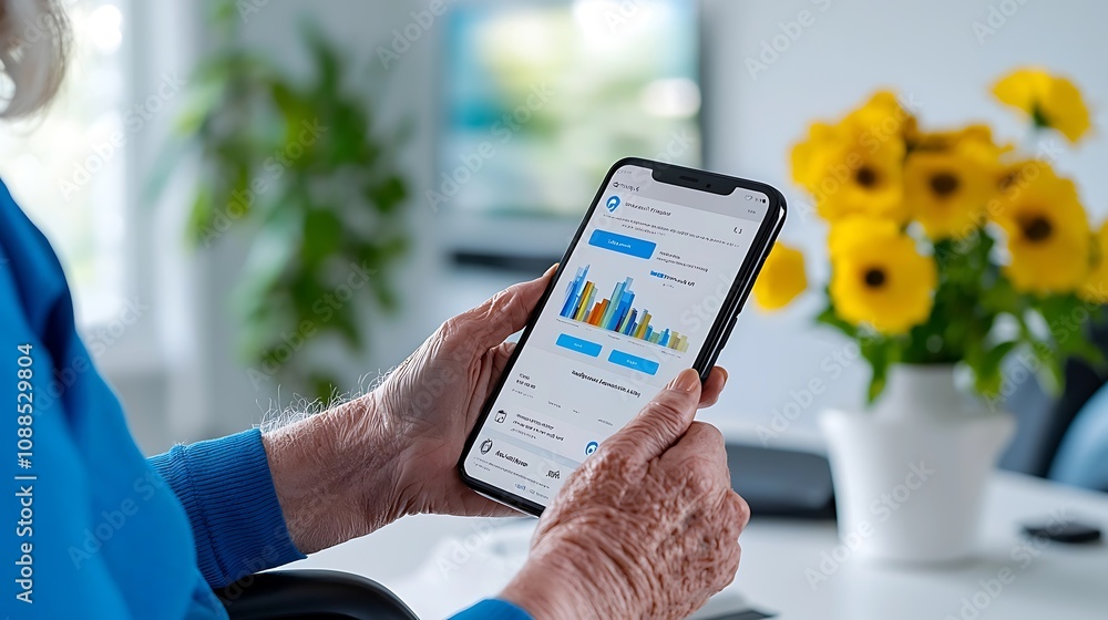 Wall mural close up of a person s hand holding a smartphone displaying financial data analytics and graphs in a