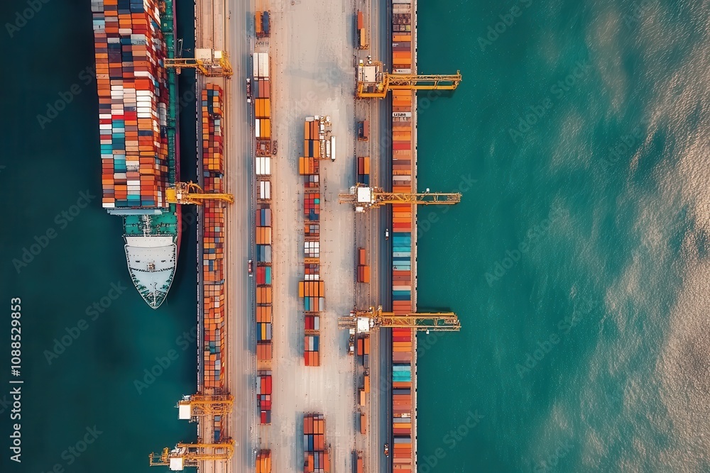 Poster aerial view of a busy shipping port with containers and cranes by the water.