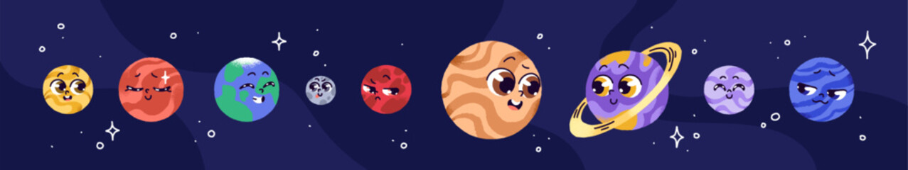 Set of cute planet of solar system with faces. Row of happy globes in space: Mercury, Venus, Earth, moon, Mars, Jupiter, Saturn, Neptune. Funny universe, cosmos. Flat isolated vector illustrations © Paper Trident
