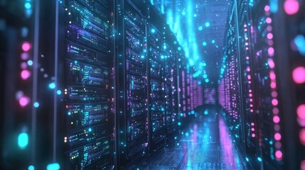 Obraz premium A futuristic server room illuminated with colorful lights, showcasing data storage technology.