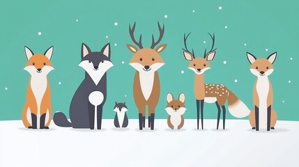 Colorful cartoon animals in a snowy, winter setting.