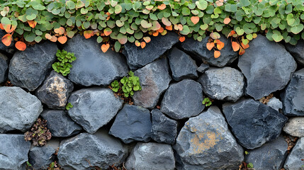 Stone Wall with Green and Orange Leaves Illustration