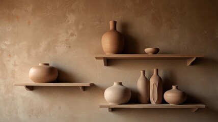 Earthenware pottery vases and bowls arranged on wooden shelves against a textured wall.