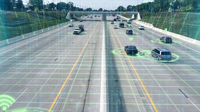 High quality visualization of traffic travelling on a freeway showing data connectivity of vehicles to networks and traffic data modelling, with green data overlay