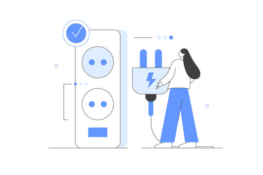 Sustainability Character reduce energy consumption at home unplug appliances. Energy efficiency and electricity consumption in household concept. Flat Cartoon Vector Illustration, icon. Stylish 