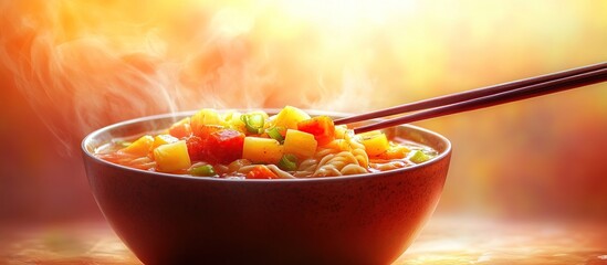 Naklejka premium A steaming bowl of noodles with vegetables, inviting warmth and comfort.