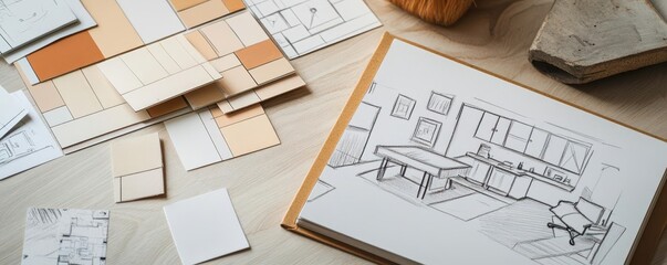 Neutral-toned paint sample cards scattered near a sketchbook with pencil-drawn office layout designs, cozy workspace vibe