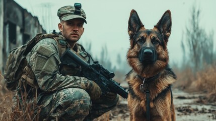 Soldier with a dog in a desolate, outdoor setting.