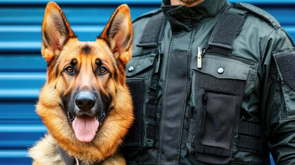 Police officer with a German Shepherd against a blue background.