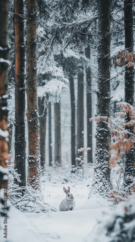 Poster a rabbit is standing in the snow in a forest