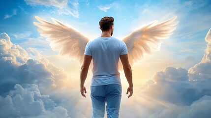 Angelic figure with powerful wings rising up into the ethereal clouds symbolizing spiritual transcendence divine the journey of enlightenment  This breathtaking image evokes a sense of hope courage