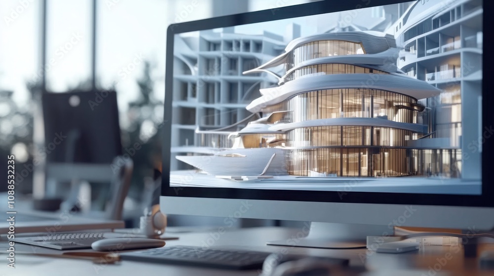 Poster 3d architectural model on computer screen, architect working on futuristic building design