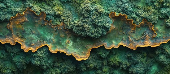 Abstract Aerial View of a Lush Green Landscape with a Golden Border