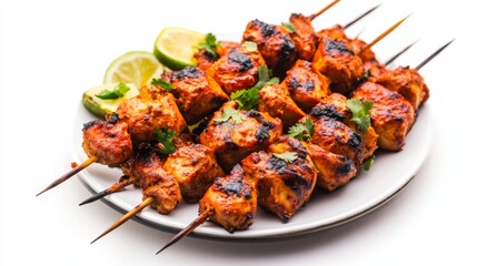 A plate of tender chicken tikka skewers with yogurt marinade and spices, Each skewer grilled to perfection and bursting with bold flavors