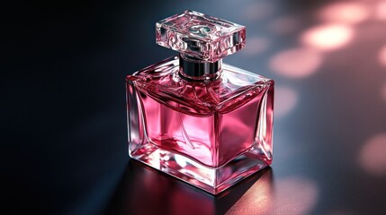 A glass perfume bottle with the pink color and square shape body on a black background. High resolution photography.