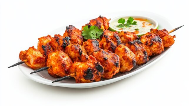 A plate of tender chicken tikka skewers with yogurt marinade and spices, Each skewer grilled to perfection and bursting with bold flavors