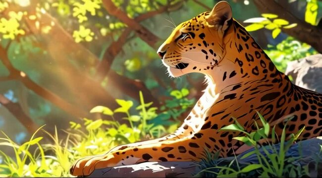  leopard lounges in sunlit jungle surrounded by lush greenery, anime, perfect for segue, transition