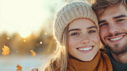 Cheerful couple embracing and smiling outdoors in a winter landscape with a beautiful sunset in the background  The image conveys a sense of warmth romance