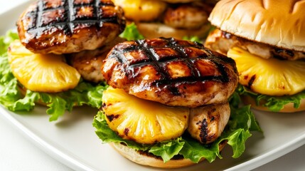 A plate of teriyaki pineapple chicken burgers with grilled chicken breasts, grilled pineapple slices, lettuce
