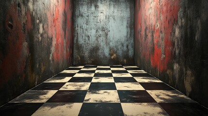 Distressed Room Checkered Floor Grungy Walls
