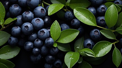 Close up photo of blueberries with the dark green leaves. Flat lay natural background style.