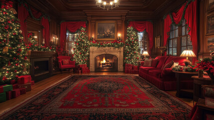Obraz premium Red and green holiday decorations in a warmly lit room, classic and cozy Christmas vibe 