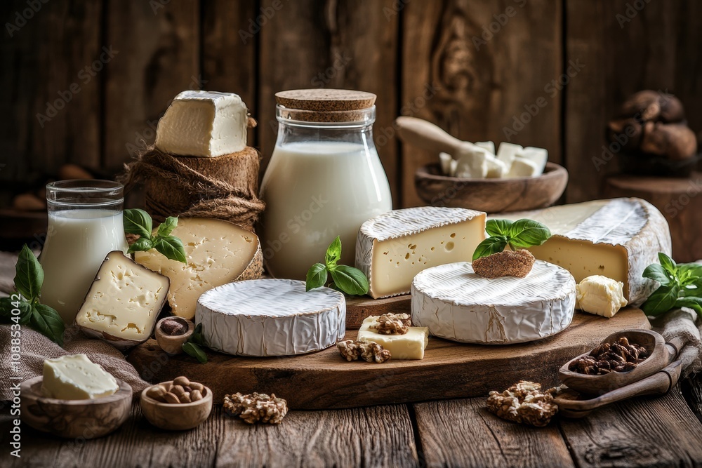 Poster this rustic table is adorned with an assortment of dairy delights, showcasing milk, cheese, and butt